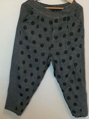 100% Linen Polka Dot Capri Pants Military Green Elastic Back L Utility